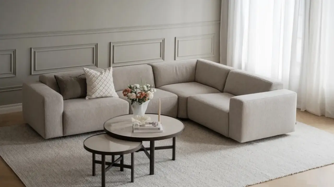 En ljus och modern hörnsoffa med kuddar och ett runt soffbord med blommor. Perfekt soffa inspo för ett stilrent hem.