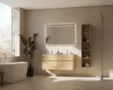 Modernt badrum med fristående badkar, dubbla handfat och dusch. Inspirerande badrumsbelysning med integrerat ljus i spegeln.