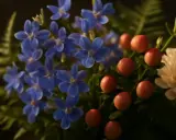 Blå lobelia frostblommor med röda bär och en krämvit blomma.