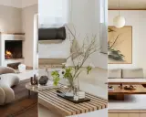 Tre olika rum som visar japansk inredningsstil: ett med öppen spis och mjuk soffa, ett med blommor i vas och en fåtölj, samt ett med tatamimatta och lågt soffbord.