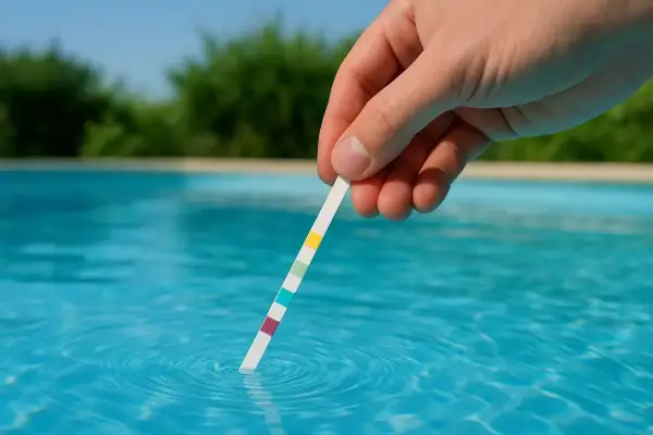 Teststicka i grumligt vatten i en pool. Färger på stickan visar vattenkvaliteten.