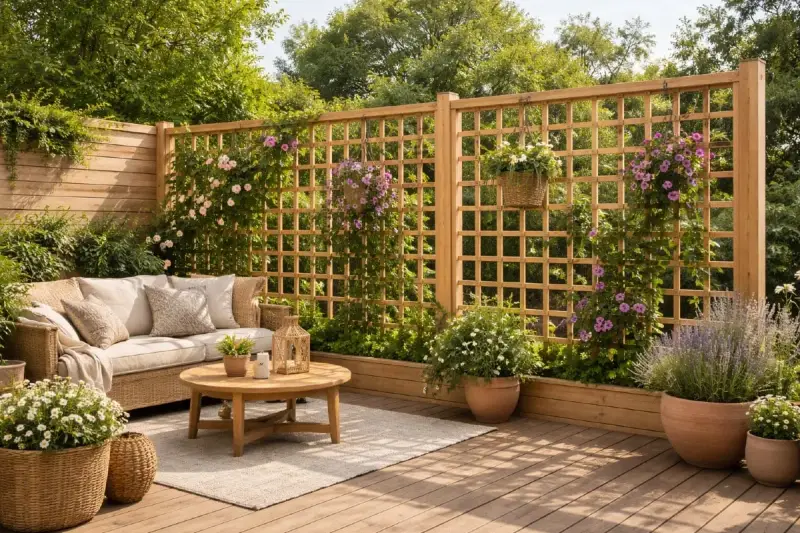En inbjudande uteplats med bekväm soffa, runt träbord och blommor. Träspaljén är perfekt för att behandla trall och klätterväxter.