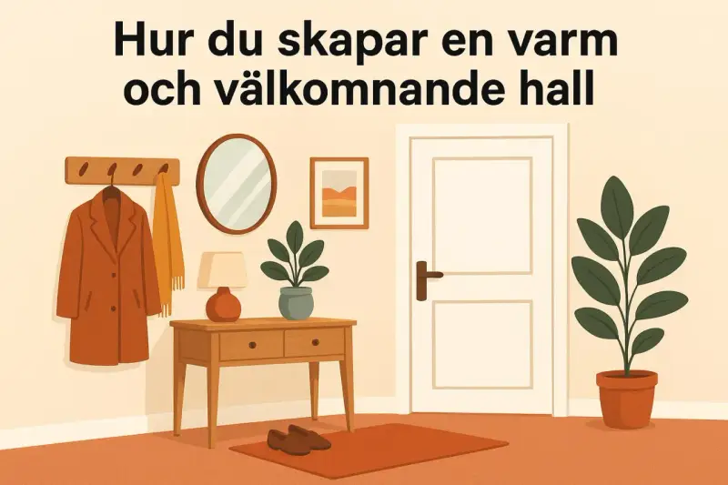 En mysig hall med en rock på kroken, en spegel, en lampa och en växt. En dörr och en matta fulländar bilden.